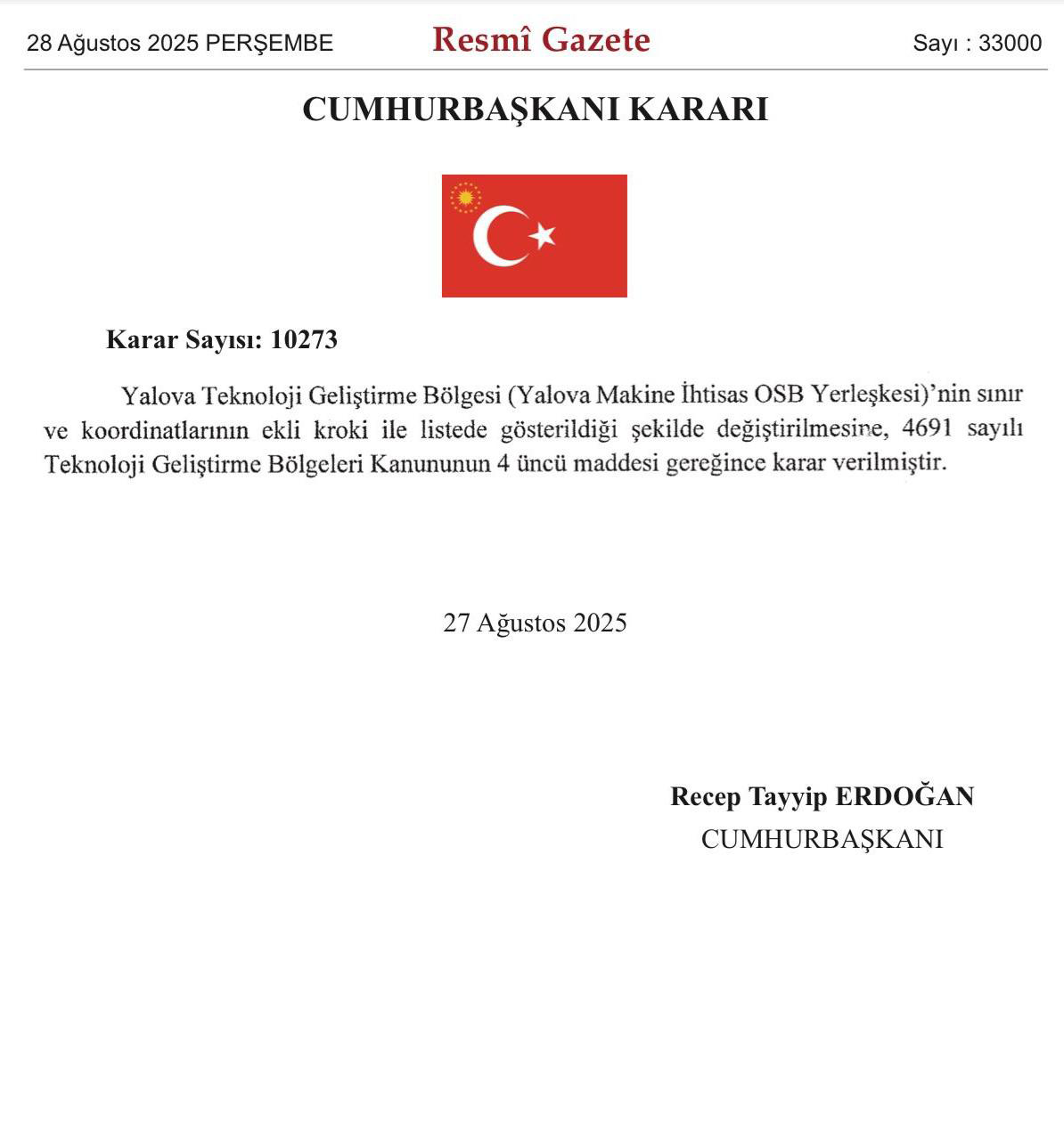 Yalova Teknopark Cumhurbaşkanı Kararı