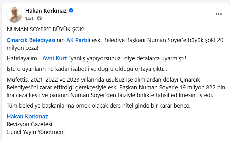 Numan Soyer 20 Milyon Ceza