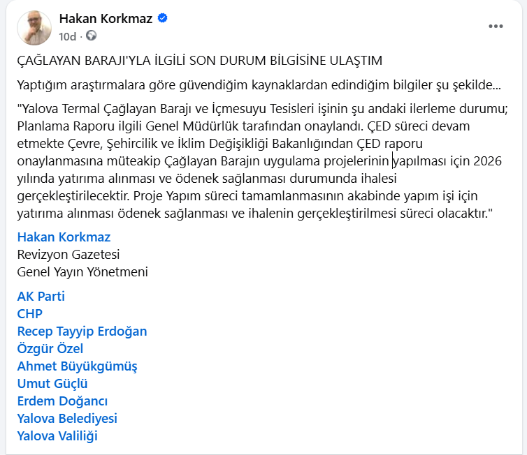 Yalova Çağlayan Barajı Ne Zaman Yapılacak